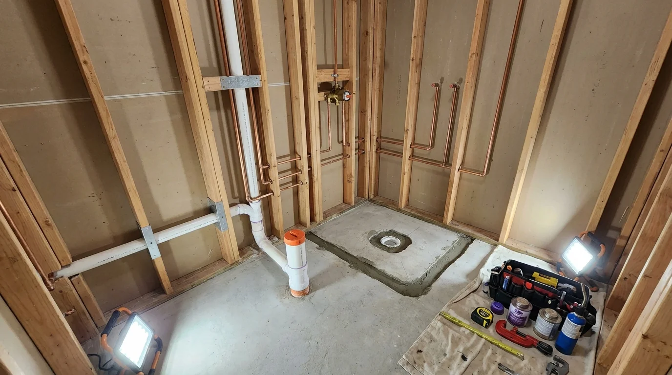 Bathroom rough-in plumbing during remodel by Johns Plumbing LLC in Colona